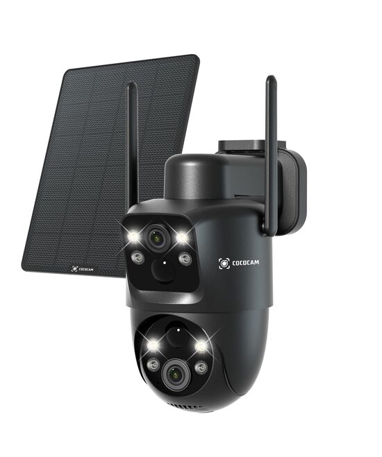 Bezvadu āra kamera ar saules bateriju COCOCAM, 2K, Dubultais objektīvs, IP66, SIM karte, 10 000 mAh, Melna