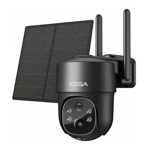 Kameros su Saulės Baterijomis XEGA, 2K, 360°, IP66, SIM card, 9000 mAh, Juoda.